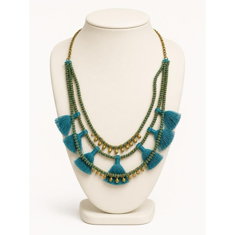 Bluma Project Luna Necklace - Lagoon Teal Boho Statement Tassel Bib EUC